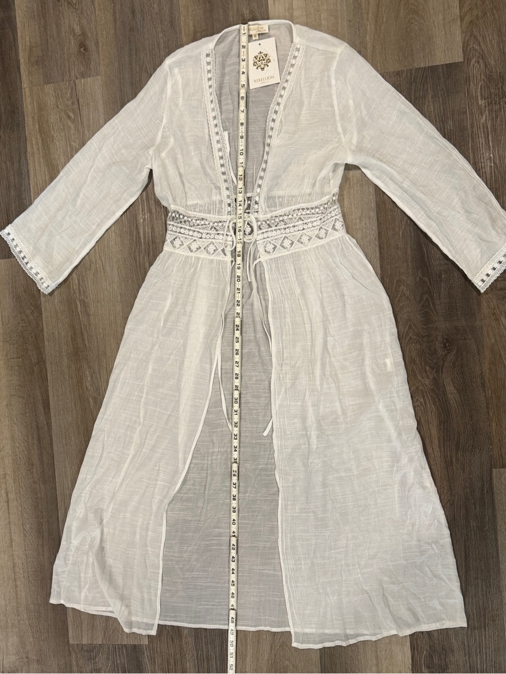 White Sheet Embroidered Tie-Waist Duster or Bathing Suit Cover - Picture 4 of 10